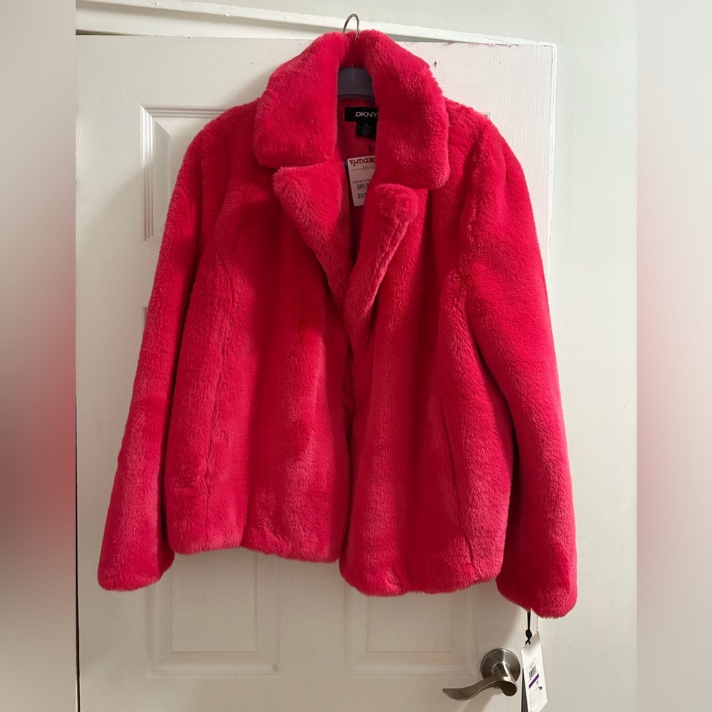 DKNY Women's Vibrant Hot Pink  Faux Fur Jacket